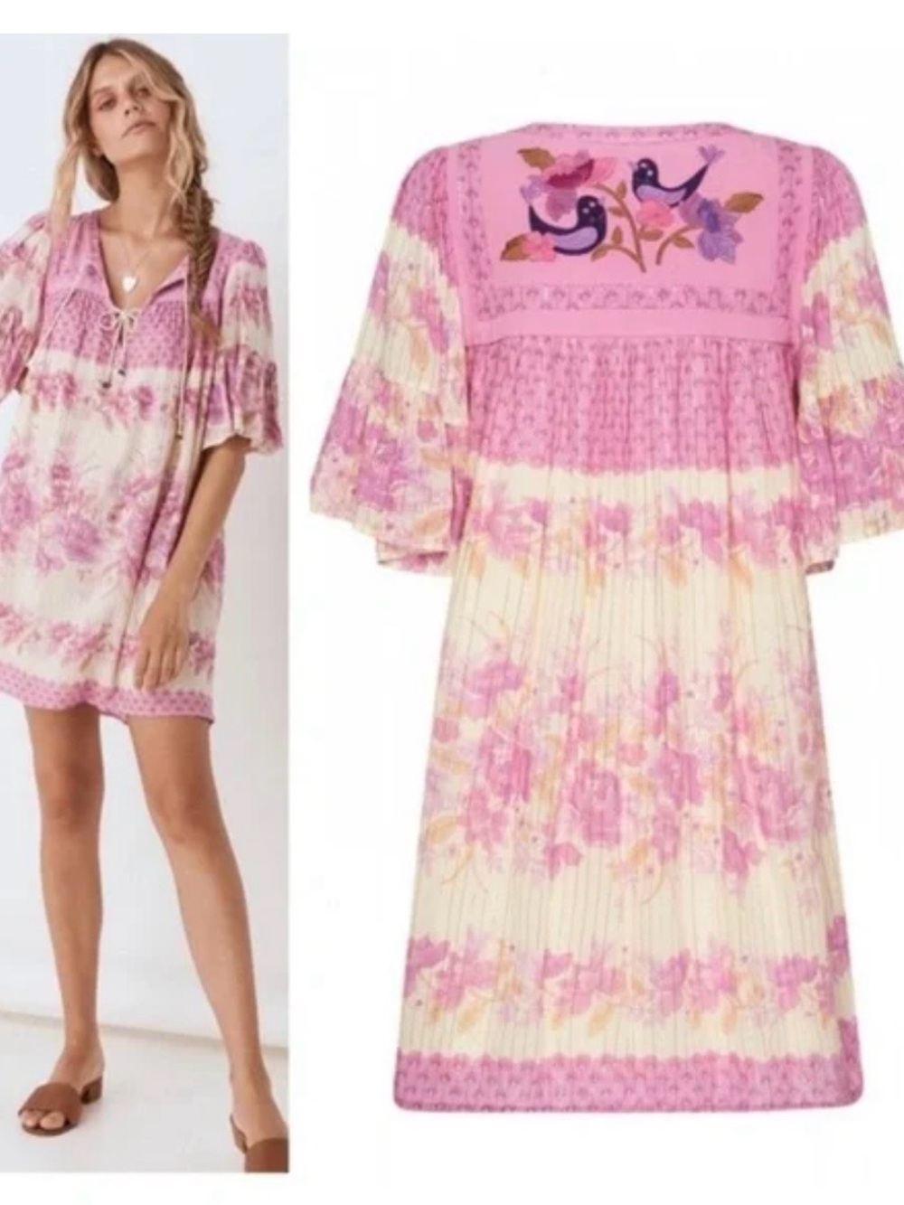 Spell/Free People Pink Embroidered Coco Lei Mini Dress